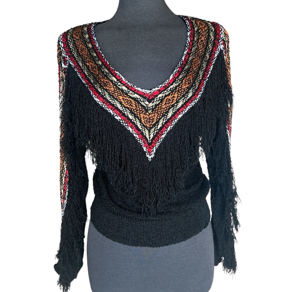 FRENCH RAGS NUBBY RAYON SWEATER SIZE SMALL FRINGE EMBROIDERED vintage